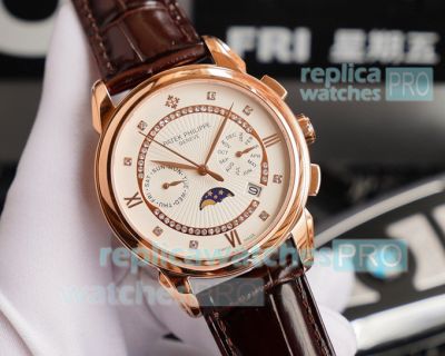 Copy Swiss Patek Philippe Complication Rose Gold Watch White Dial